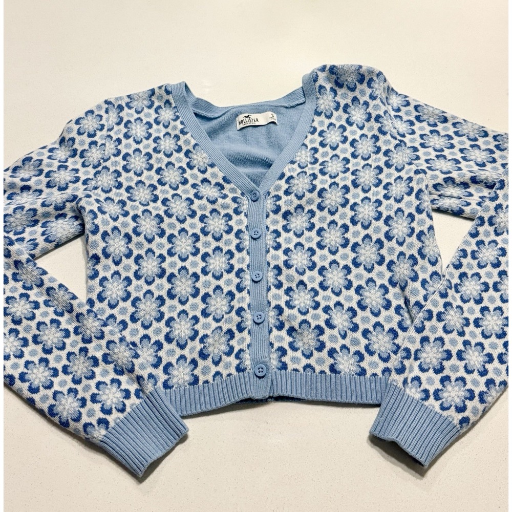 Hollister Women's Blue White Cropped Button Up‎ Cardigan Sweater Size Small